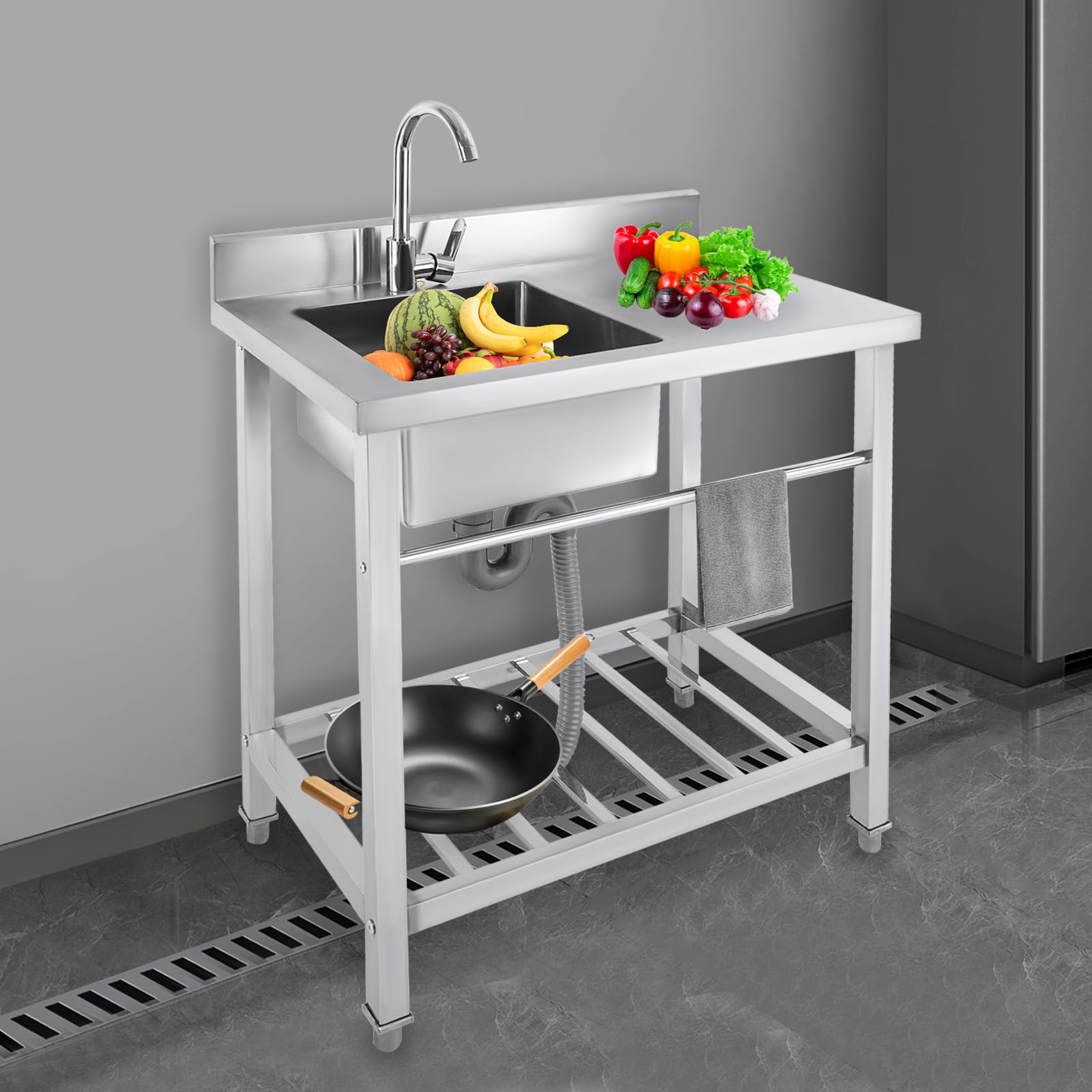 Fregadero de cocina de acero inoxidable, fregadero de cocina independiente, fregadero de cocina de pie de acero inoxidable, con grifo y banco de trabajo, con patas cuadradas, para exterior, interior