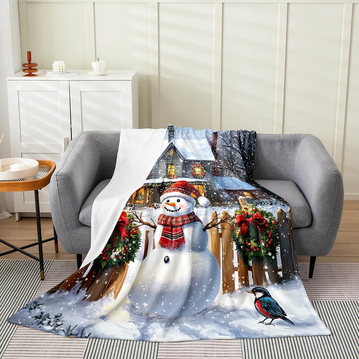 Cute Snowman Fleece Throw Blanket Soft Cozy Christmas Eve Flannel Blanket for Kids Women Adults Snowhouse Plush Blanket Snow Scene Fuzzy Blanket for Sofa Bed Couch(60x80 Inches)