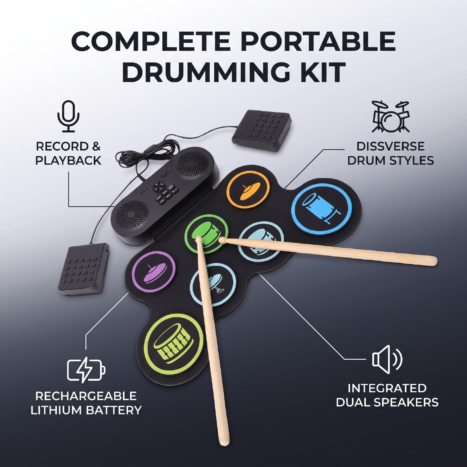 Dpofirs Batteria Elettronica Portatile Arrotolabile, Kit di Tamburi con Doppio Altoparlante Pad di Pratica Bacchette Registrazione e Riproduzione, Design Pieghevole for Principianti e