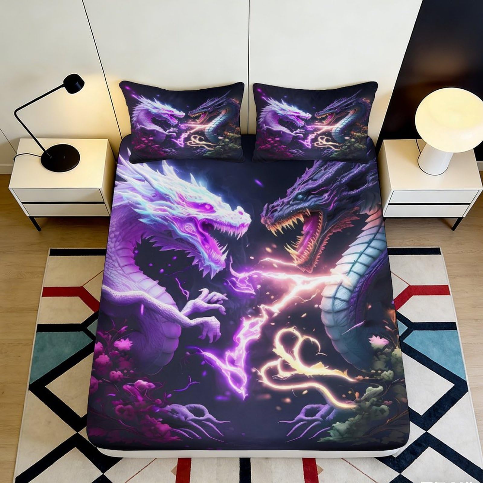 3D Printed Dragon Battle Fitted Sheet Microfiber Soft Durable Mystic Lightning Bed Cover for Bedroom Dormitory Guest Room Mattress Protection 120x200x25cm