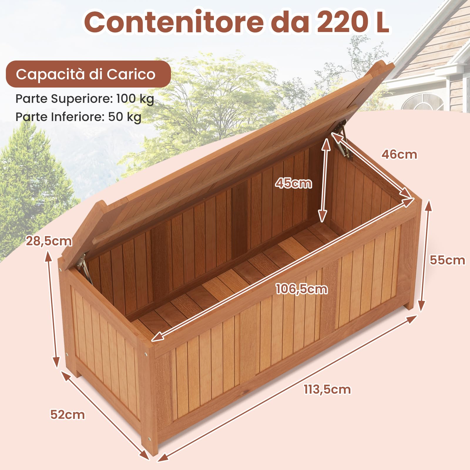 COSTWAY Baule da Giardino 220L, 3 in 1 Cassapanca Contenitore in Legno Massello con Coperchio Ribaltabile e Bordi Rialzati, Panca Portaoggetti per Interni e Esterni, 113,5 x 52 x 58,5 cm