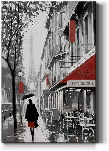Renditions Gallery Rainy Day Paris (1) Arte de pared, café francés y torre Eiffel, decoración de retrato, elegante obra de arte parisina, lienzo