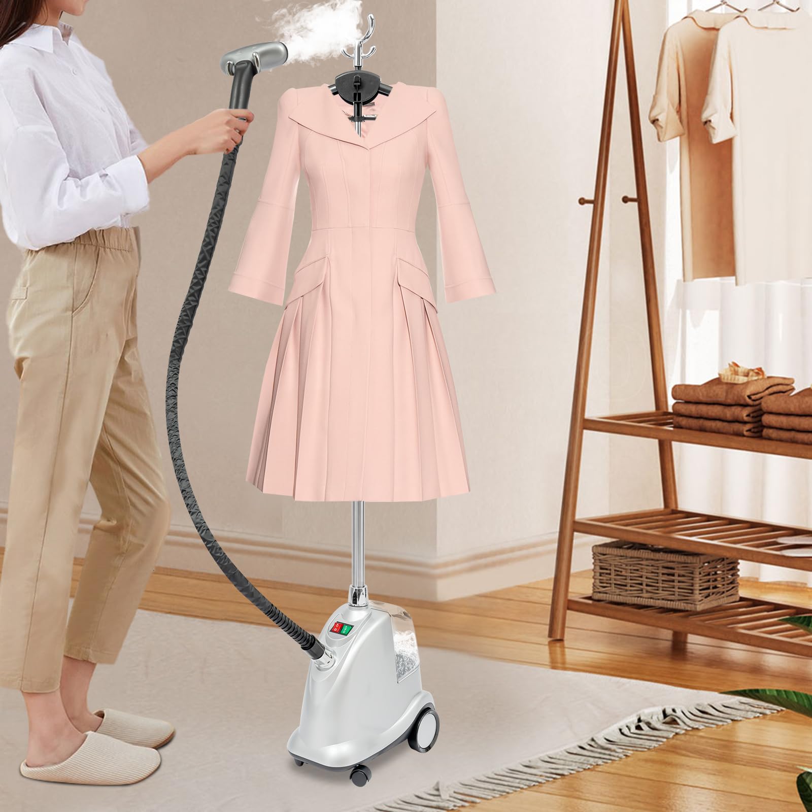Professioneller Steamer & Dampfglätter Stehender Kleidungsdampfer mit Rollen 2200W Dampfbügler in 60s Einsatzbereit Antibakterielle Dampfbürste für alle Textilien
