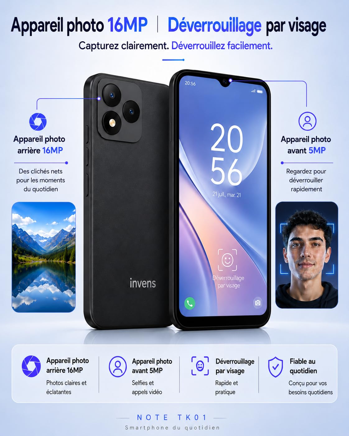 invens Note TK01 Téléphone Portable 4G débloqué, 7 Go RAM, 32 Go, HD+, Noir | Écran 6,5 pouces, batterie amovible 4250 mAh, double SIM, Face ID, caméra 16 MP, USB-C, jack 3,5 mm et extension TF à 256 Go.