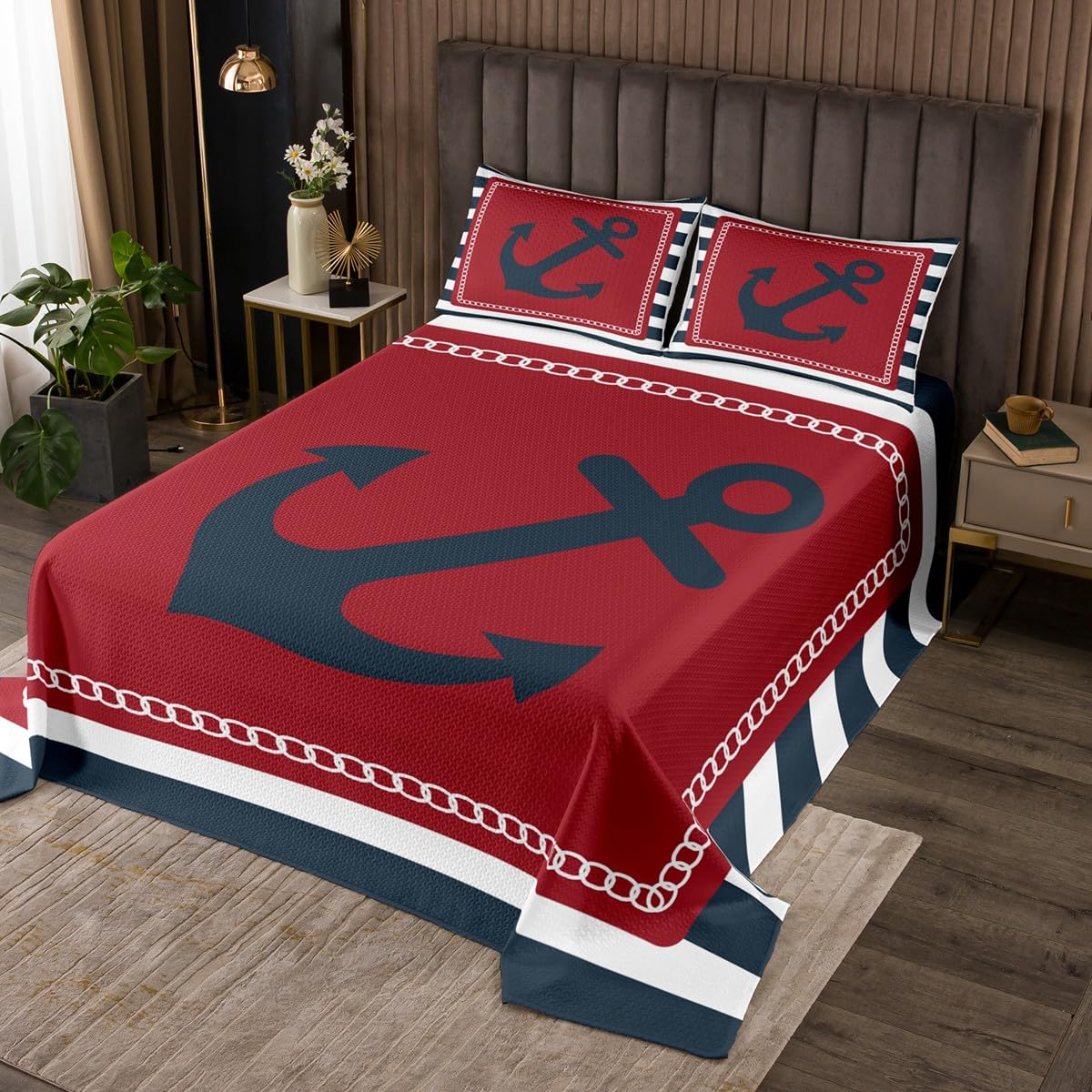 jejeloiu Blue Anchor Bedspread Twin Size Nautical Coverlet Set for Kids Boys Girls Decor Ocean Sea Adventure Coastal Marine Quilted Coverlet Room Decor