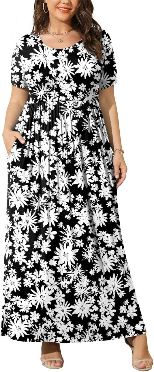 BISHUIGE Plus Size Maxi Dresses for Women Summer Casual Short Sleeve Long Dress with Pockets XL-6XL