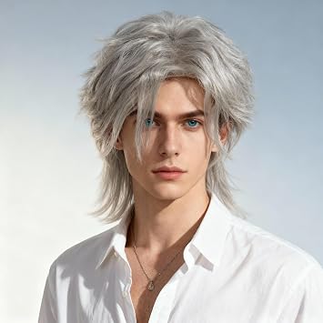 STfantasy Mens Wig Long Wavy Mid Length Synthetic Hair for Male Cosplay Winter Soldier Costume Silver