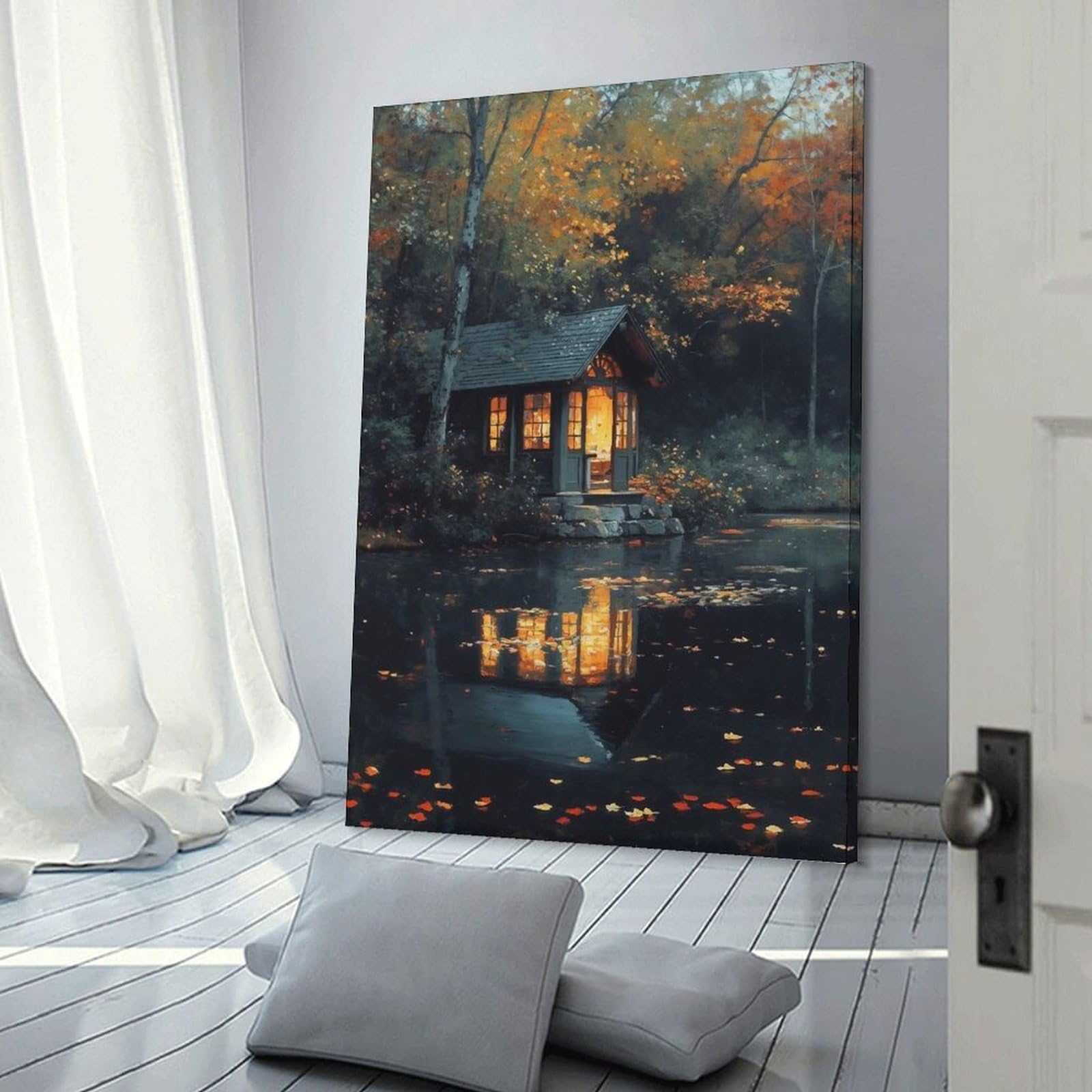 Junmoney Frame-Style-17 Hanging Wall Art Autumn Cabin By The Lake, 24X36inch(60X90cm), For Gallery Wall Layouts In Home Or Office, An Easy Match For Collected Prints