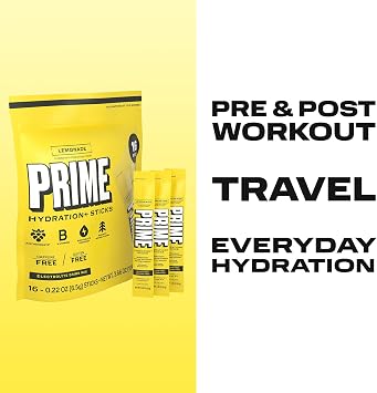 PRIME HYDRATION+ Electrolyte Powder Sticks, Lemonade, Sugar Free Hydration Drink Mix with Potassium, Magnesium & B Vitamins to Replenish Fluids, Caffeine Free, 16 Count