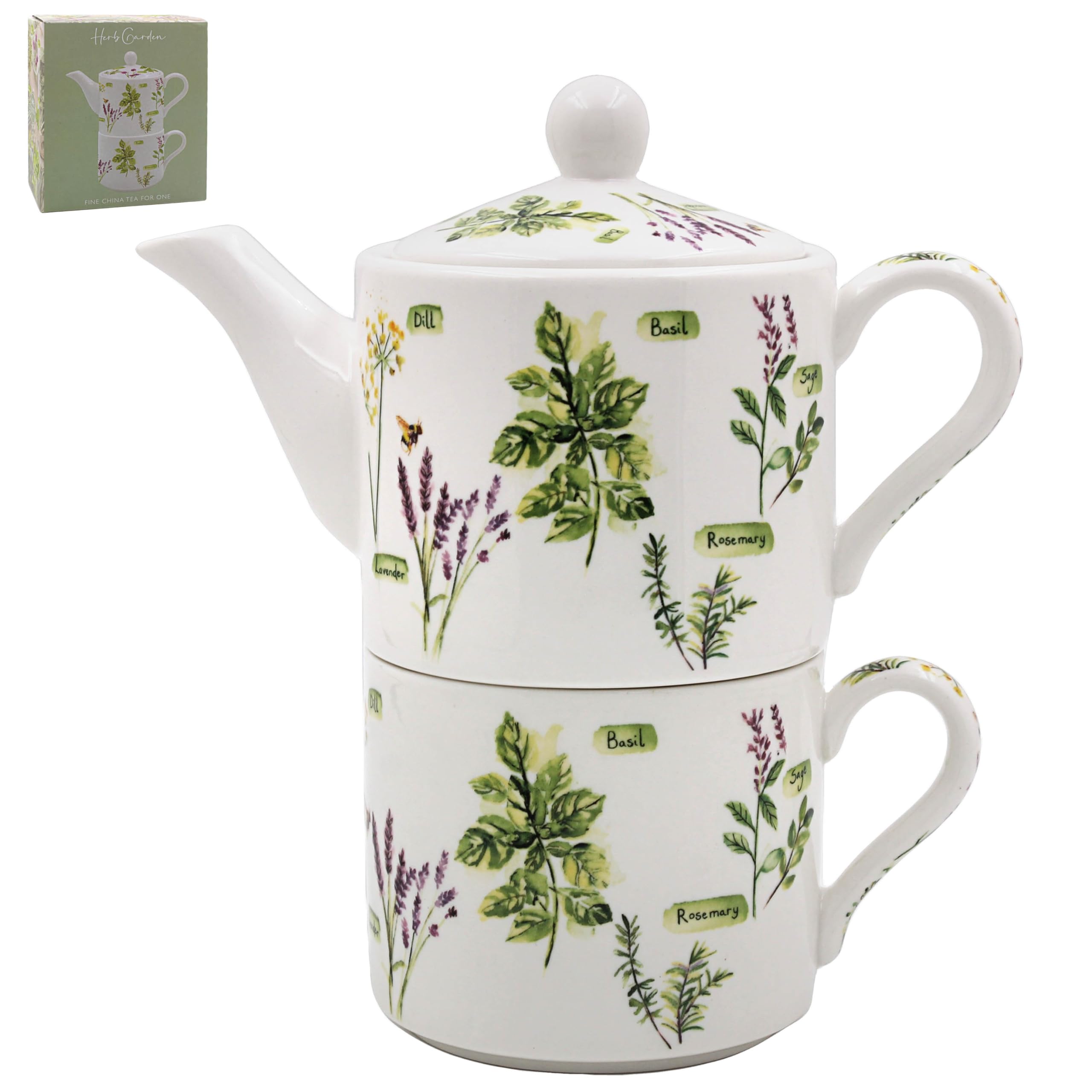 The Leonardo Collection Jennifer Rose Gallery - Set di teiera e tazza in porcellana con illustrazione di erbe aromatiche, elegante set da tè in stile fattoria, regalo per giardino e amore del tè