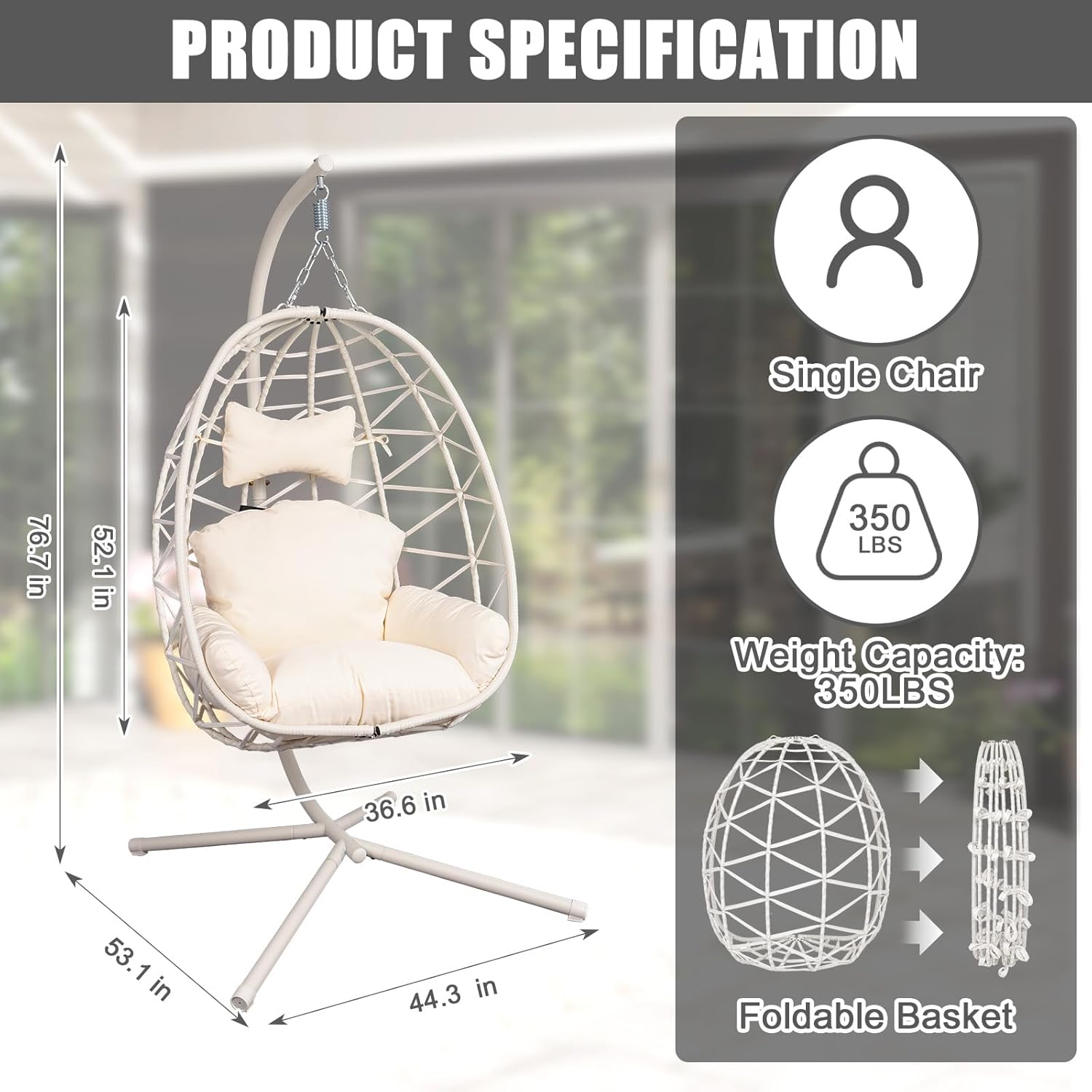 Egg-Shaped Hammock Chair, Swing Egg Chair, Wicker Hanging Chair with Removable Washable Cushion - Sturdy Metal Stand, Breathable Woven Design 350lbs Capacity for Indoor Outdoor Patio Living Room Etc