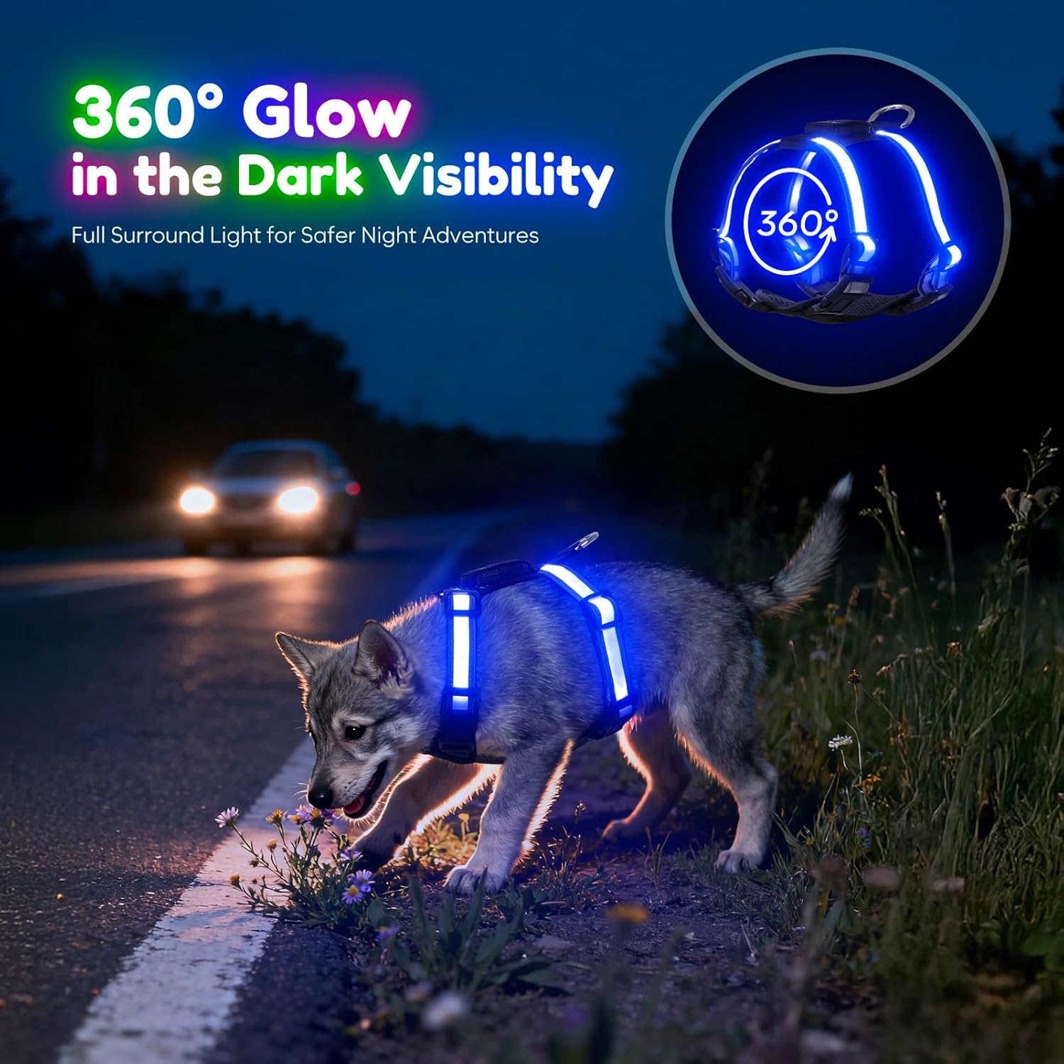 Light Up Dog Harness LED USB-C Rechargeable with Battery Indicator, Lighted Glow in The Dark Dog Harness Adjustable No-Pull Vest for Small Dogs, 7 Lighting Modes for Night Safety