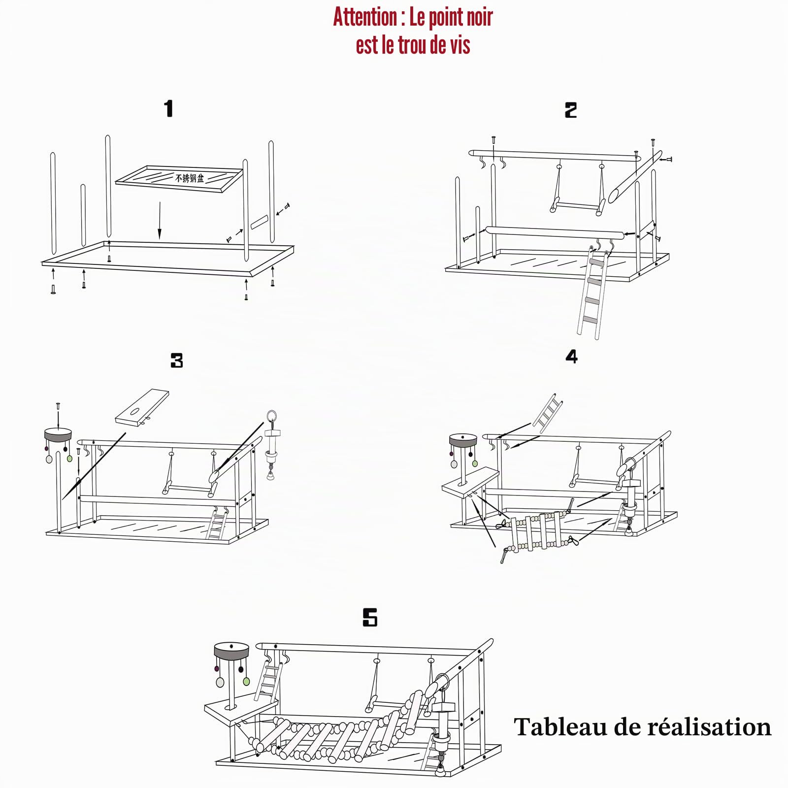 Joyeux grand ensemble d'aire de jeux pour perruches Bol de nourriture en acier, balançoire, échelle en bois, jouet coloré en rotin, plateau en acier