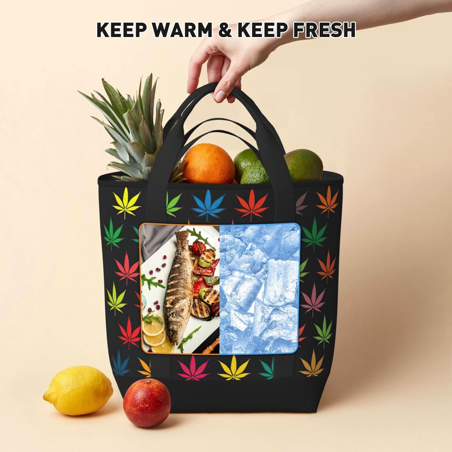 Colorful Leaves Print Large Cooler Bag Tote Bag,Reusable Grocery Bag,Lunch Box Bag, For Picnic Beach Camping