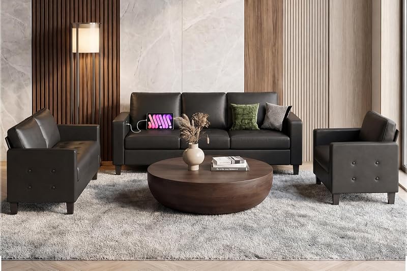 Black Faux Leather 3 Seater Sofa, Loveseat and Accent Chair Set (3+2+1) | STHOUYN, Modern, Comfy, Tufted Armrest, USB Charger, 3 Pieces Living Room Furniture Sets, Office