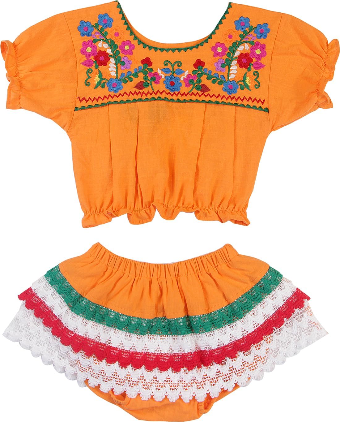 YZXDORWJ Mexican Baby Girl Outfits Embroidered Floral Fiesta Clothing Set Lace Summer Shorts Ethnic Wear