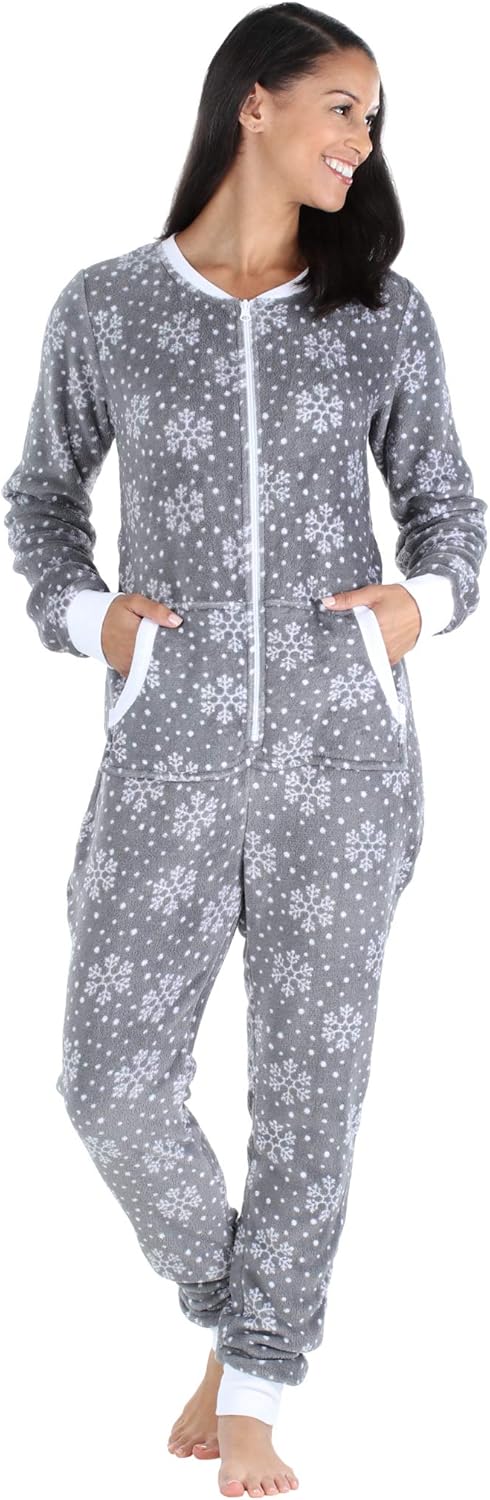 PajamaMania Women's Plush Fleece Non-Footed Onesie Loungewear Pajamas, Snowflake (PMPFR1018-2082-LRG)