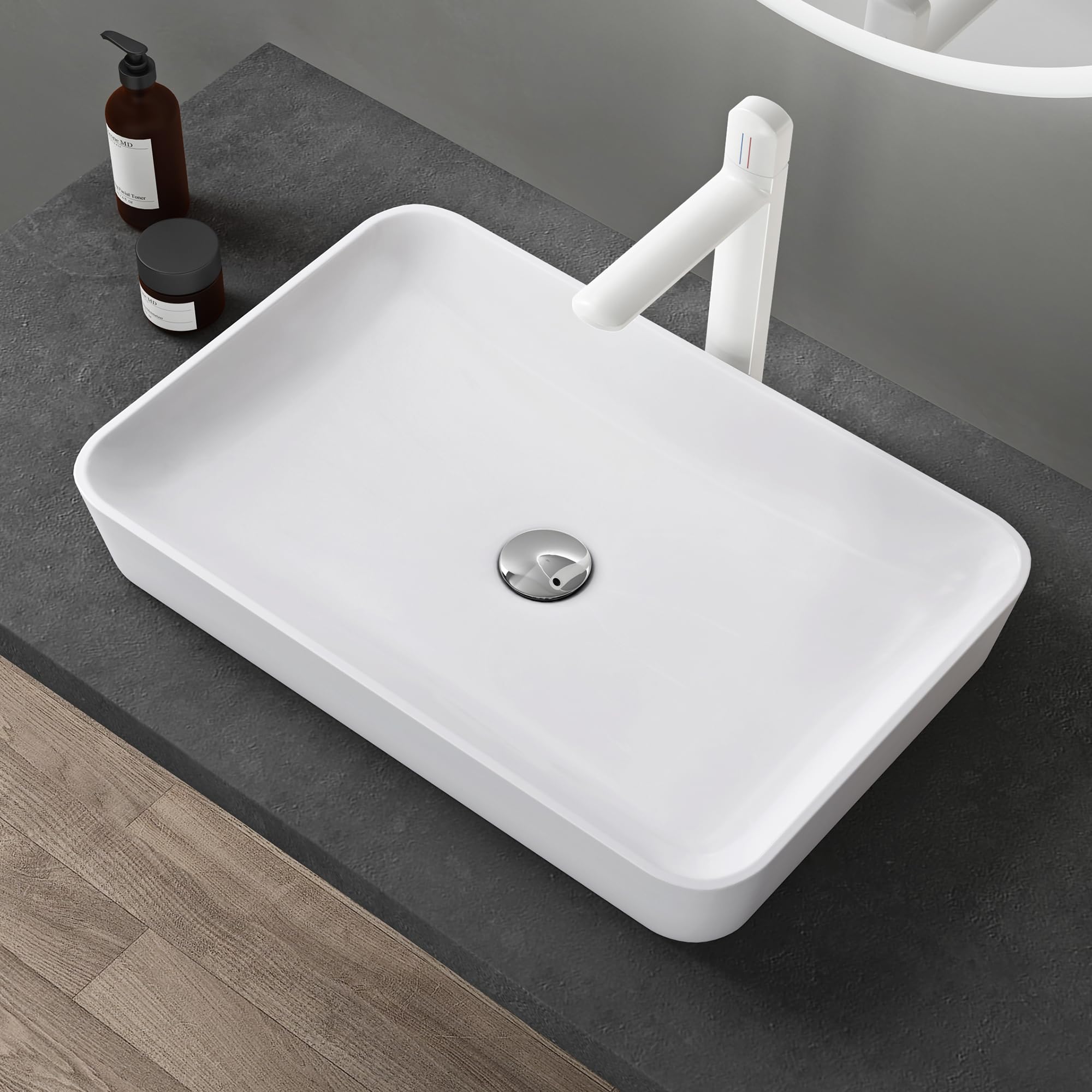 doporro Lavabo Sobre Encimera Rectangular 60x40x9 cm, Mármol Fundido Blanco Mate con Recubrimiento Nano, Conexión Estándar DIN, Colossum815