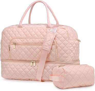 Large Travel Duffle Bag for Women, Quilted Duffle Bag,Weekender Bag W/Shoe Compartment+Wet Pocket+Toiletry Bag, Pink