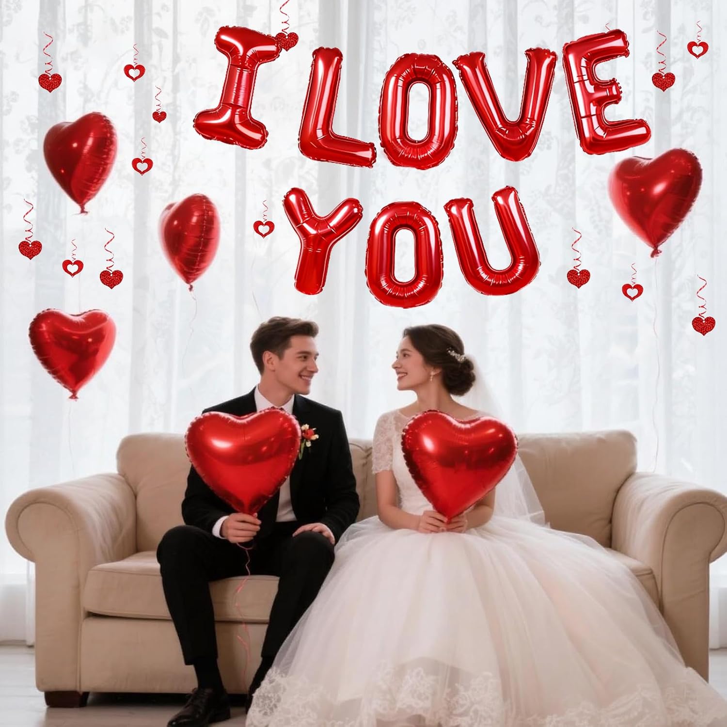 I Love You Balloons and Red Heart Balloons with Heart Hanging Decor for Valentine Decorations, Proposal, Wedding Party Supplies