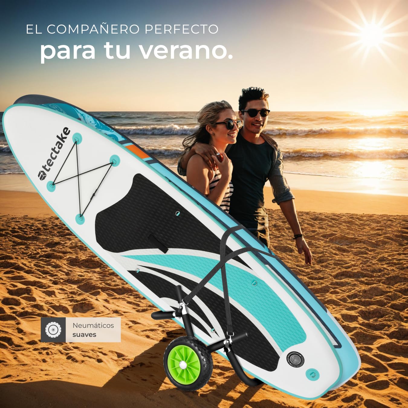 Tectake Carro de Transporte para Tabla de Surf o Padel Surf, Aluminio, 2 Tablas, Ruedas de 24 cm, Negro/Verde