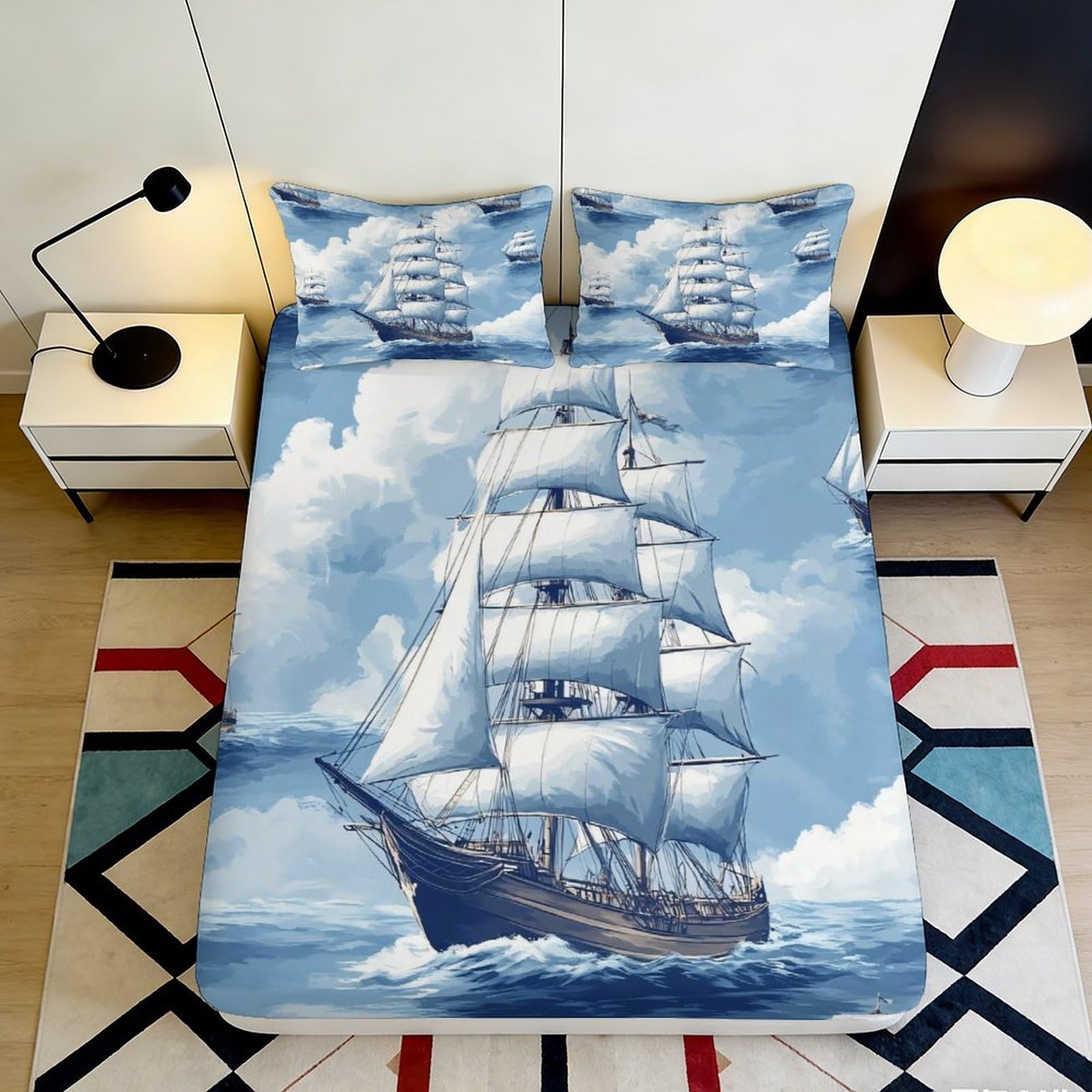 Jqzkxnhpbr Style-8 3D Printed Ocean Sailboat Fitted Sheet Microfiber Soft Blue Nautical Ship Bed Cover For Bedroom Guest Room Decor 90X200x25cm