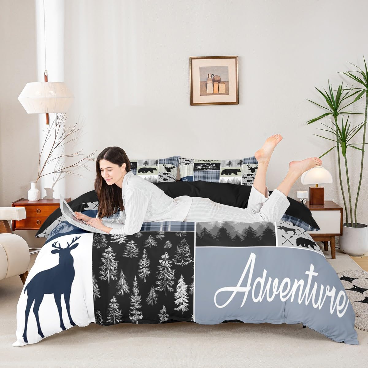 Rustic Deer Bear Bedding Set, Country Farmhouse Comforter Cover Cabin Lodge Decor, Adventure Camping Grid Claw Duvet Cover Woodland Wild Animal Vintage Bedspread Cover For Kids Teens Adult, Twin