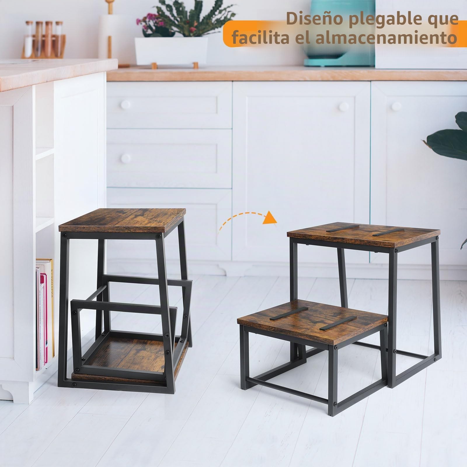 LIANTRAL Taburete 2 Niveles Reposapiés Extensible 2 en 1, Marco Metal, Madera, 160 kg, Marrón Retro