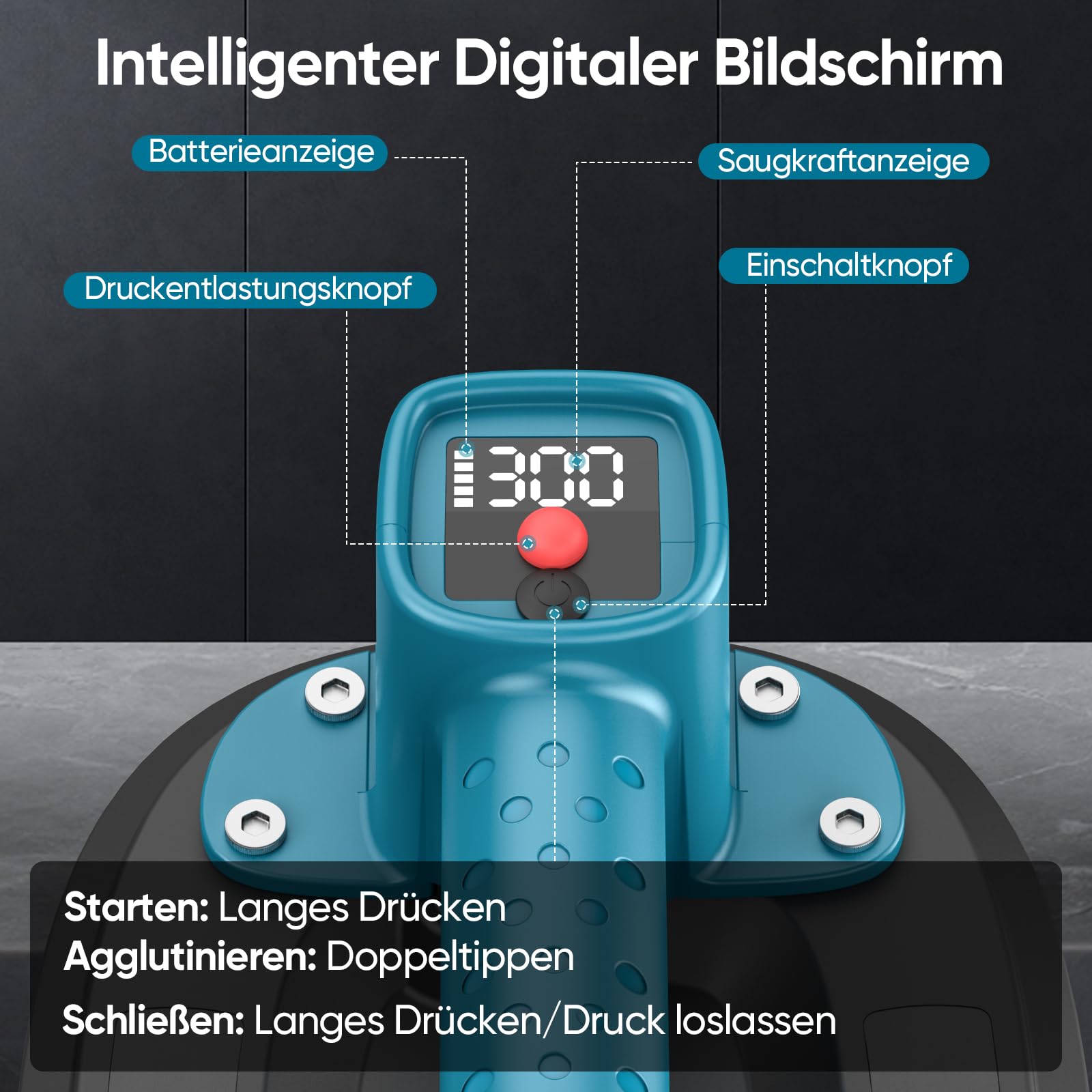 Akku Saugheber, 300 kg Tragkraft, Elektrischer Vakuumheber mit LCD-Anzeige & 4000 mAh Akku, Auto Nachsaugfunktion, Doppelmotor, 10" Saugnäpfe für Fliesen, Glas, Terrassenplatten (1er-Set)