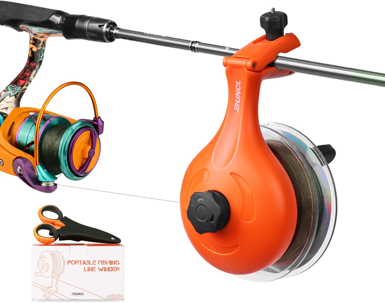 RUNCL Fishing Line Spooler – Portable Winder & Reel Spooling Tool for Casting and Spinning Reels, Prevents Line Twist, Non-Slip Handle with Built-in Scissors, Fishing Accessories for Anglers