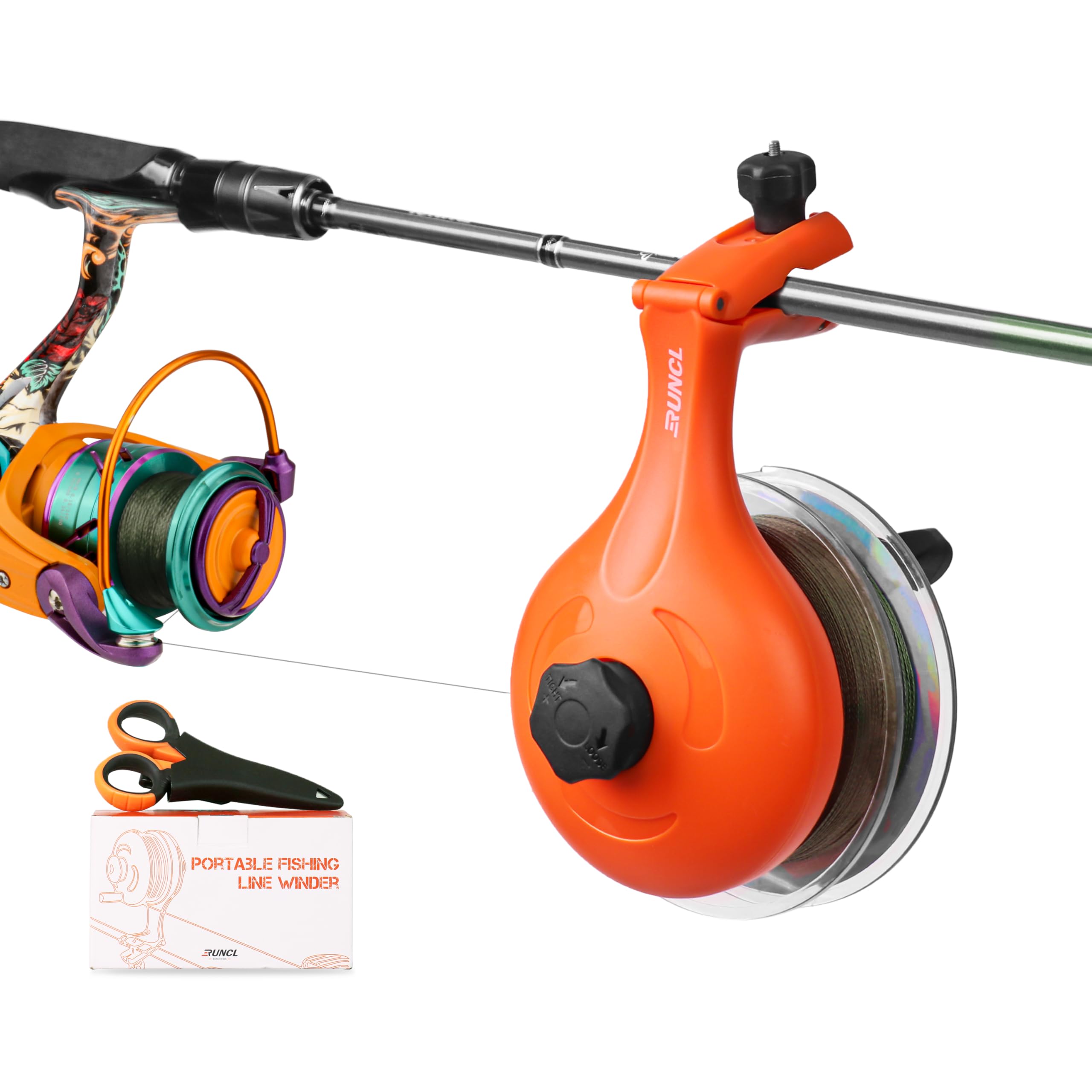 RUNCL Fishing Line Spooler – Portable Winder &amp; Reel Spooling Tool for Casting and Spinning Reels, Prevents Line Twist, Non-Slip Handle with Built-in Scissors, Fishing Accessories for Anglers