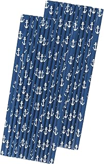 Anchor Nautical Themed Paper Straws - Navy Blue White - 50 Pack