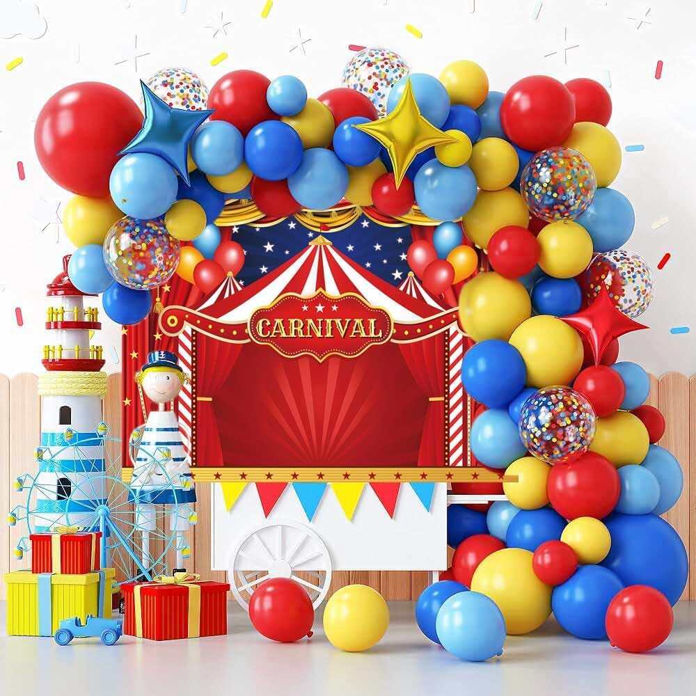 Circus Carnival Themed Backdrop Red Curtain Stars Balloon Birthday Party Photography Background Newborn Baby Shower Birthday Cake Table Decoration (8x6FT)