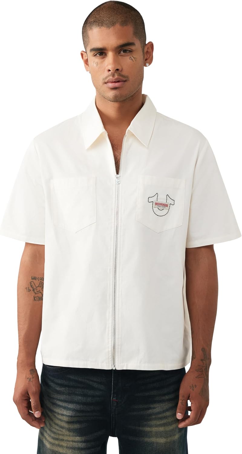 True Religion Men’s Short Sleeve Full Zip Buddha Shirt – 100% Cotton, Short Sleeve, Full Zip Design