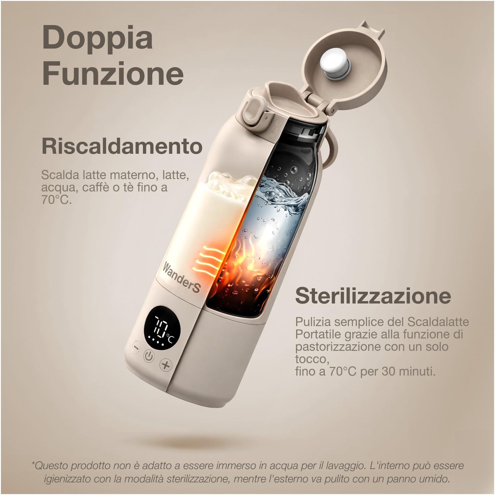 Scaldabiberon Portatile di WanderS – 500ML Scaldabiberon da Viaggio - Controllo della Temperatura, Sterilizzazione, Acciaio Inossidabile 316L, Ricarica USB-C, Impermeabile IPX6 e Blocco di Sicurezza