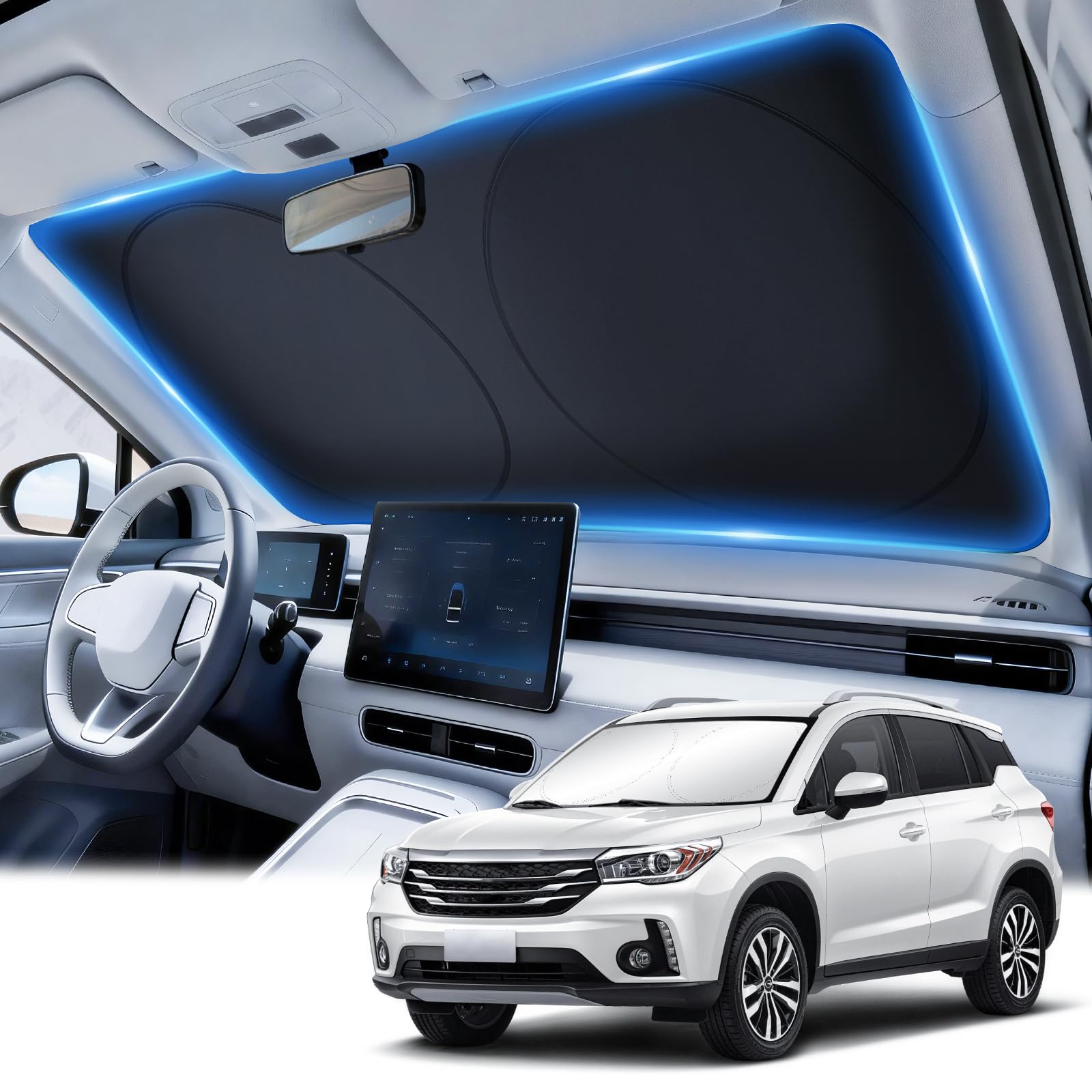 JUSTTOP Car Sun Shade Windshield - Foldable Sun Car Window Shield 300T Coated Silver Cloth Reflective Polyester Material Blocks 99% UV Rays, Fits Most Windshields(Large63 x 35 in)