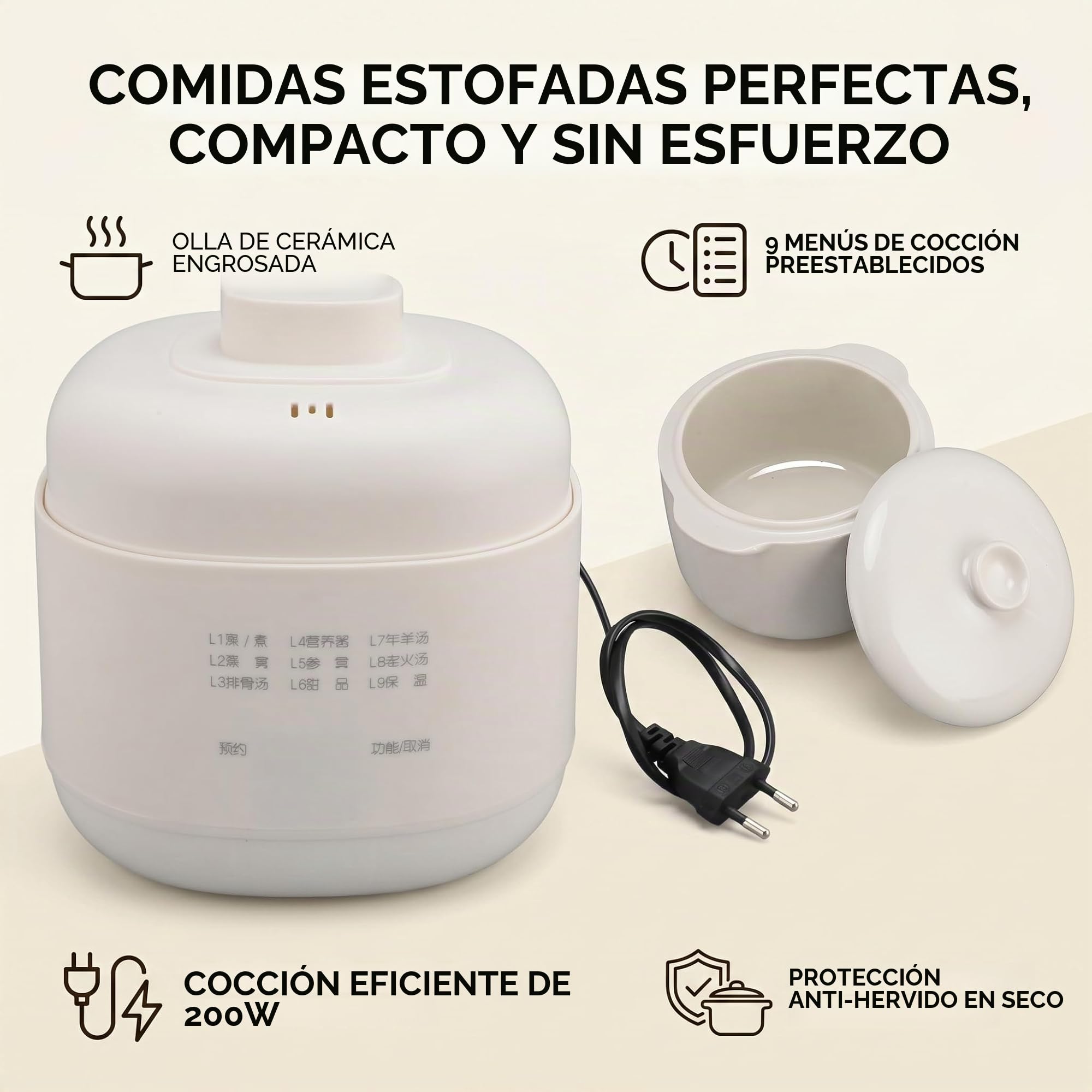 Olla de Sopa de Cerámica de 1 L, Olla de Cocción Lenta Pequeña con Protección contra Sobrecalentamiento Función de Mantener Caliente con Tapa de Temporizador Olla (Enchufe