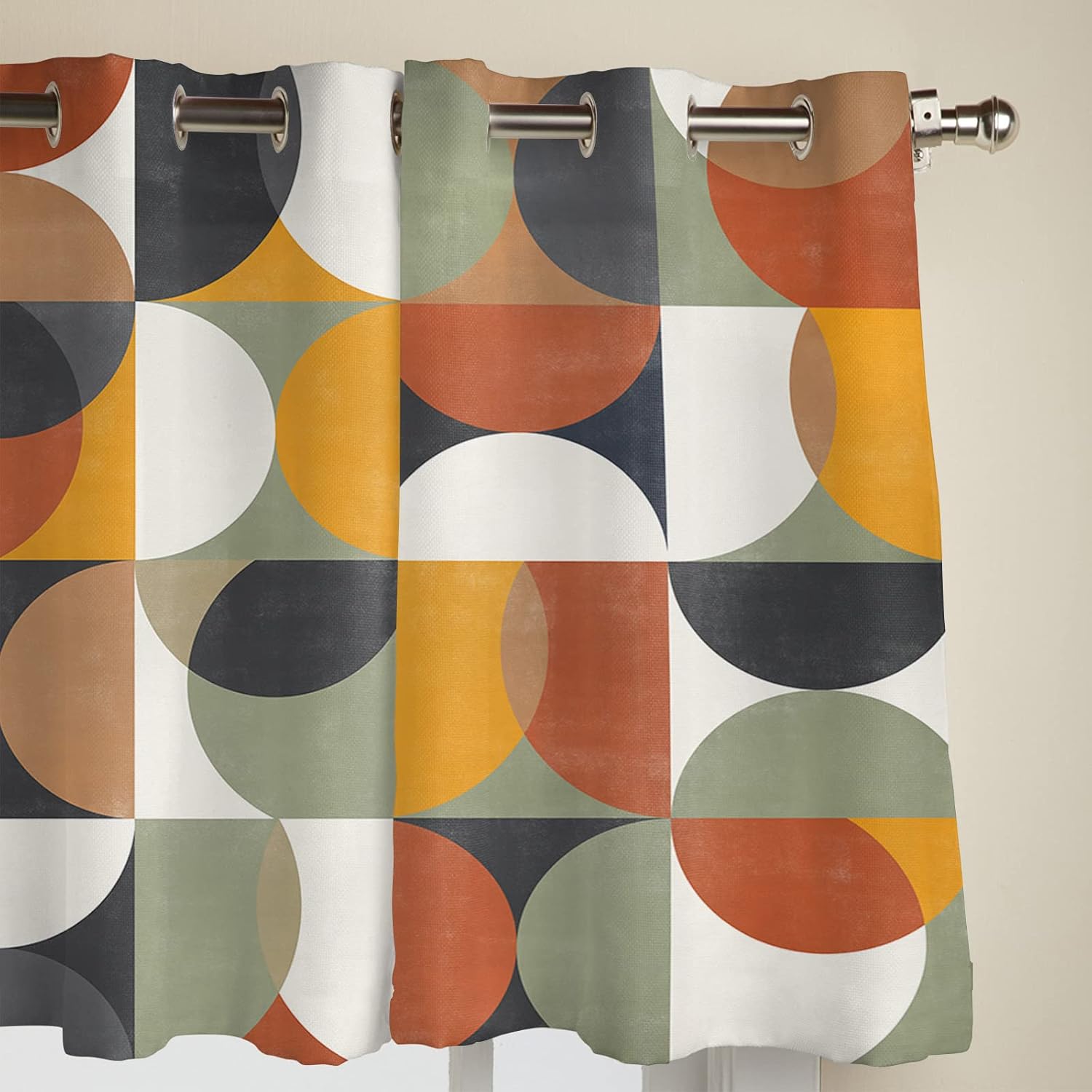 Mid Century Modern 96 Inch Length Drapes, Retro Orange Yellow Green Abstract Geometry Window Treatments Curtain Panels, Grommet Top, 2 Pack