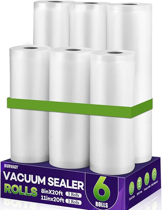 BURVAGY Vacuum Sealer Bags Rolls for Custom Fit 11''x20' 3 Pack & 8''x20' 3 Pack Total 120', Heavy-Duty Thick Food Bag, BPA-Free, Freezable, Use for Sous Vide and Storing Raw and Cooked Foods