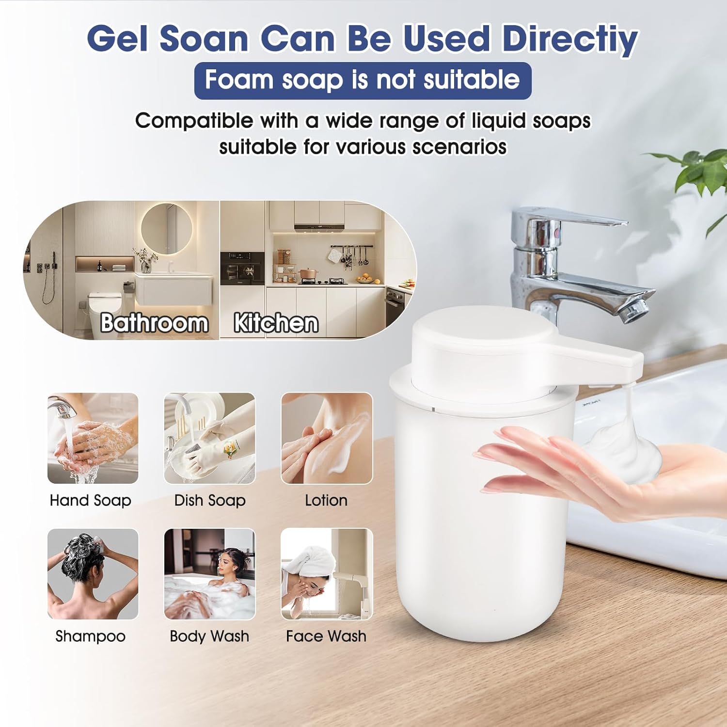 2 Pack Automatic Foaming Soap Dispenser, 10.5oz Touchless Electric Hand Soap Dispenser, Rechargeable Foam Pump for Bathroom Countertop, Kids & Family Use (White)