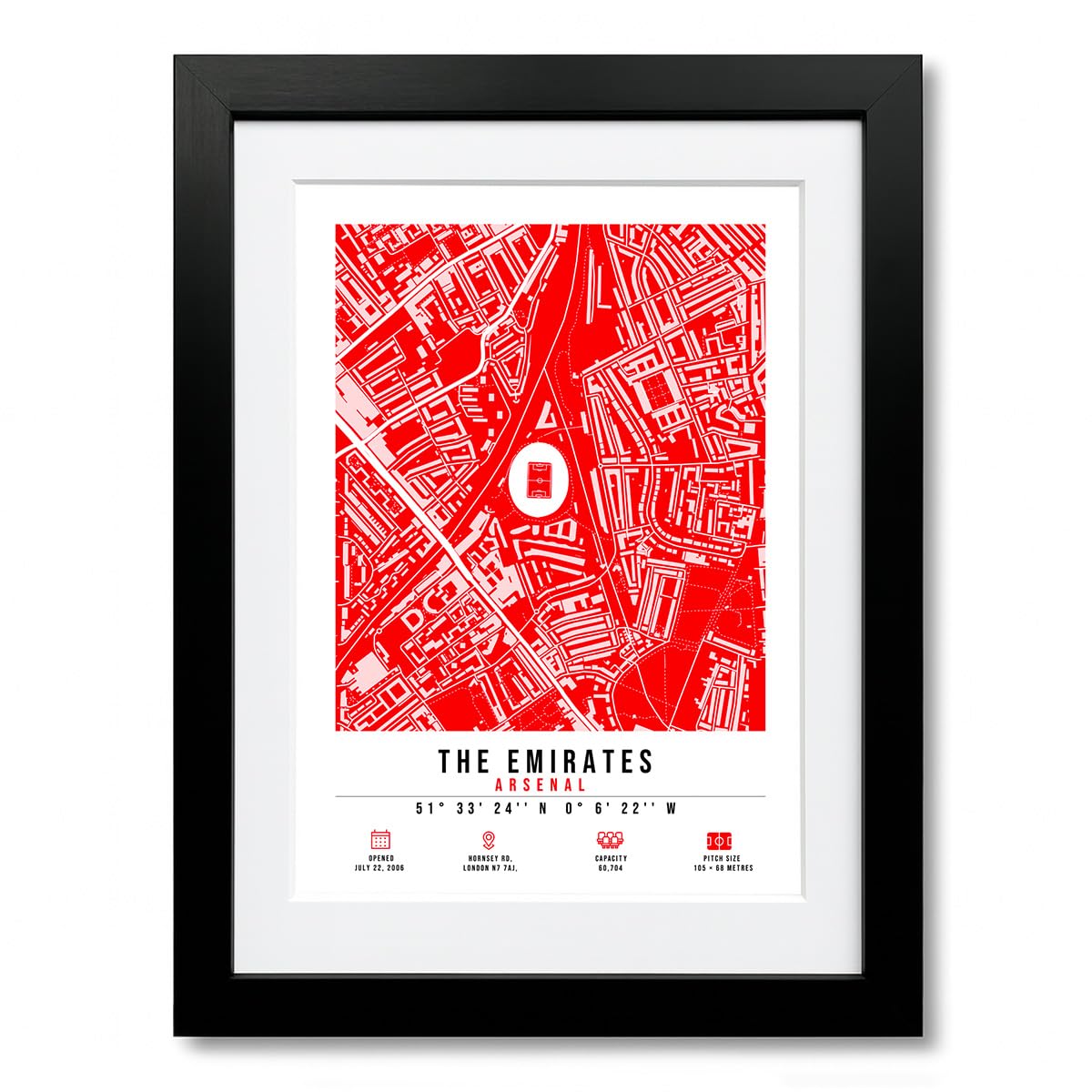 Mounted Gifts Trading A4 Black Framed & Mounted Emirates Stadium Map Minimalist A4/A3 Poster Photo Print Framed Gift Arsenal (A4 Black Framed & Mounted)