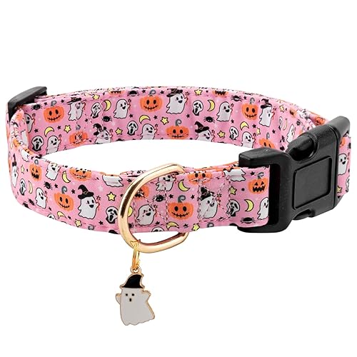 Gelwoo Personalized Dog Collars,Adjustable Puppy Collars with Safety Buckle for Small Medium Large Dogs,Cute and Unique Pink Cherry Pattern Pet Collar for Boy Girl Dogs. (Pink Ghost, S) - Pink Ghost - S