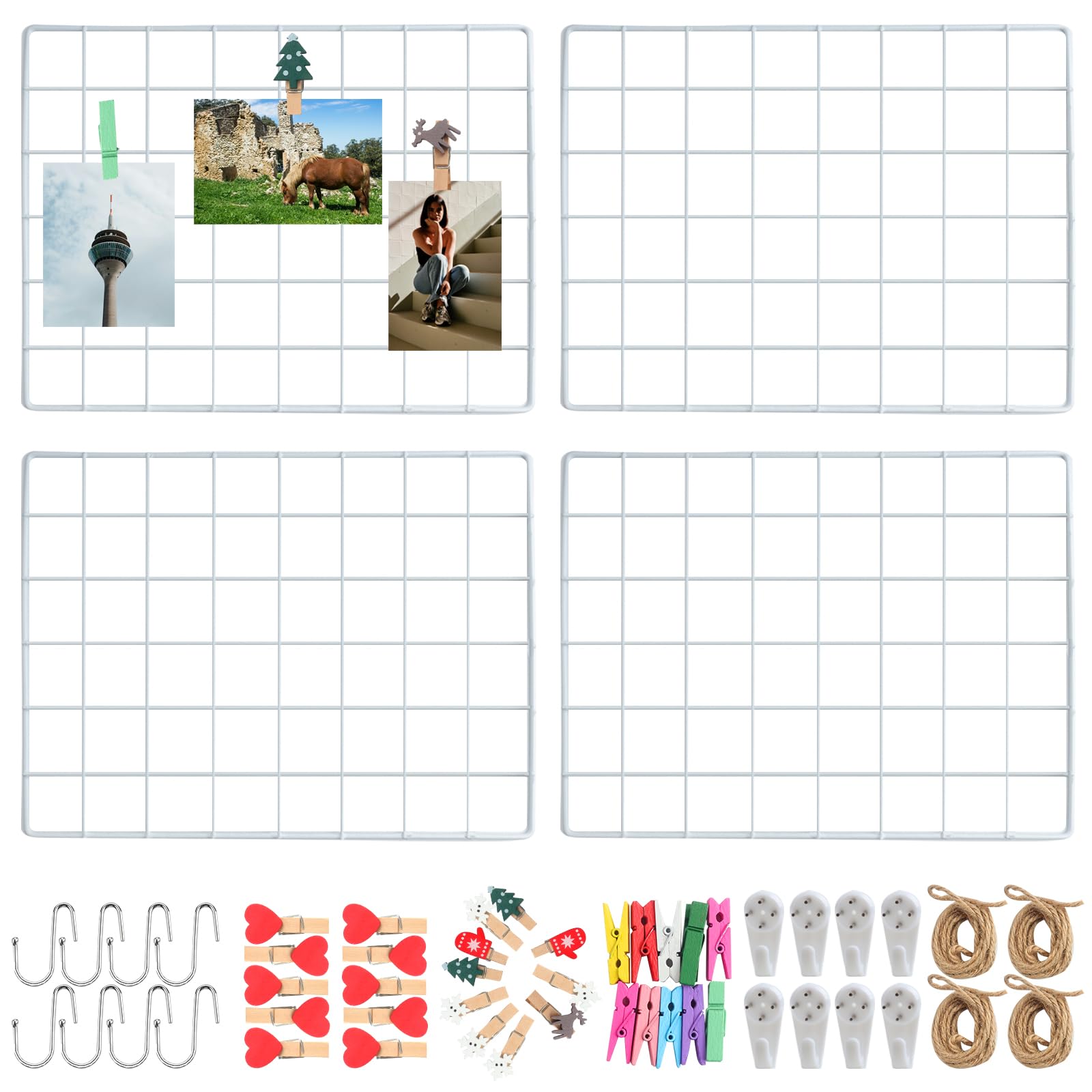 4 Piece Wall Grid (with Accessories) Grid Pin Board Photo Grid, Memo Board and Photo Wall, Decorative Metal Grid for Office, Kitchen, Room and More. (White)
