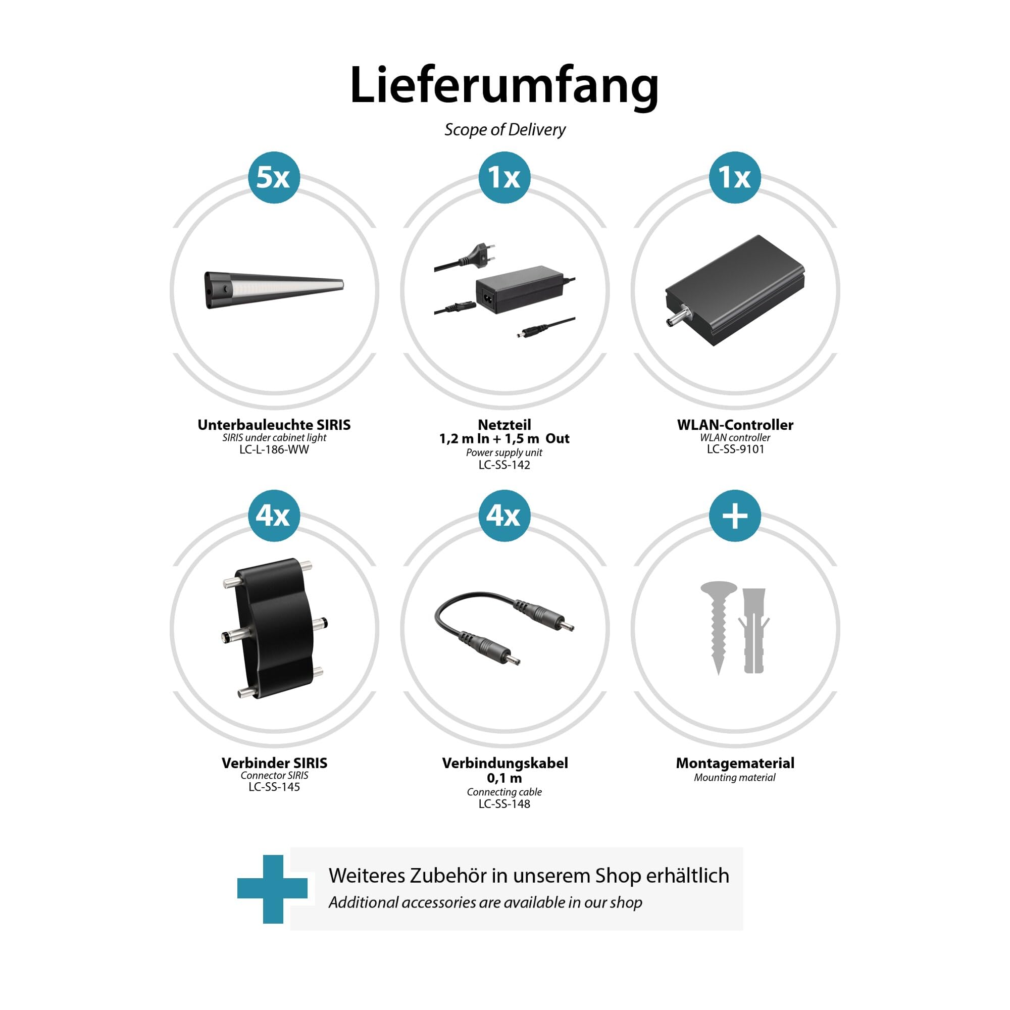 ledscom.de Smarte LED Unterbau-Leuchte SIRIS schwarz matt, WLAN-Controller flach,Smart-Home, Alexa-fähig, je 50cm, je 531lm, warmweiß, 5er Set
