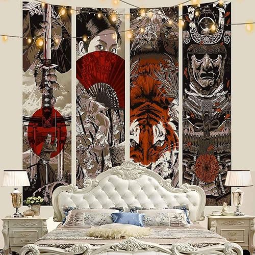 Miniatura 5 de Aidatain Tapiz de pared de estilo japonés  Samurai Maiko Tiger Mount Fuji Aesthetic  60 x 60 franela dormitorio y sala de estar colgante de pared