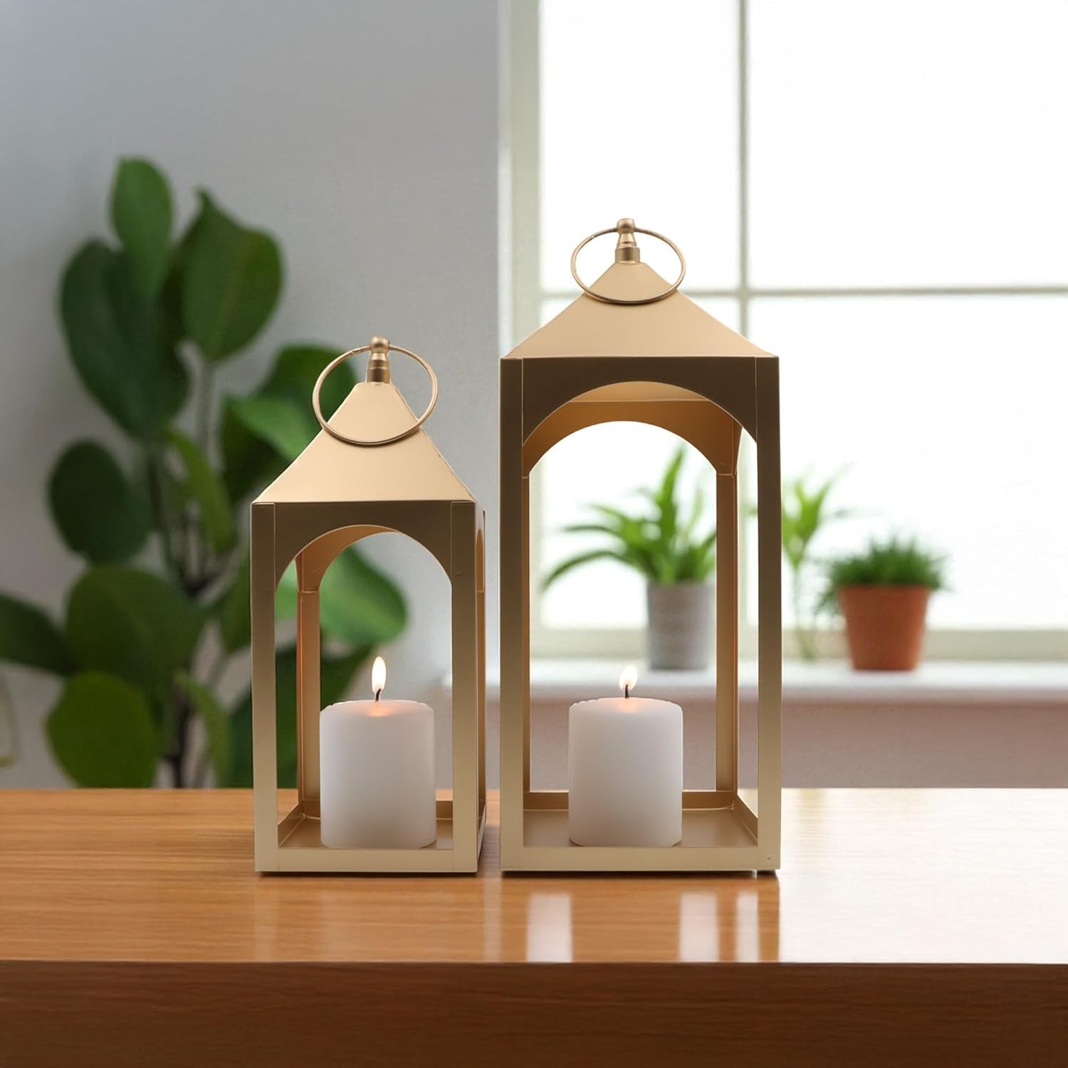 Hosley Set of 2 Modern Metal Lanterns, Gold, for Farmhouse Decor Ideal for Modern Farmhouse Decor, Home Decor Living Room, Parties, Weddings, Aromatherapy, Gifts