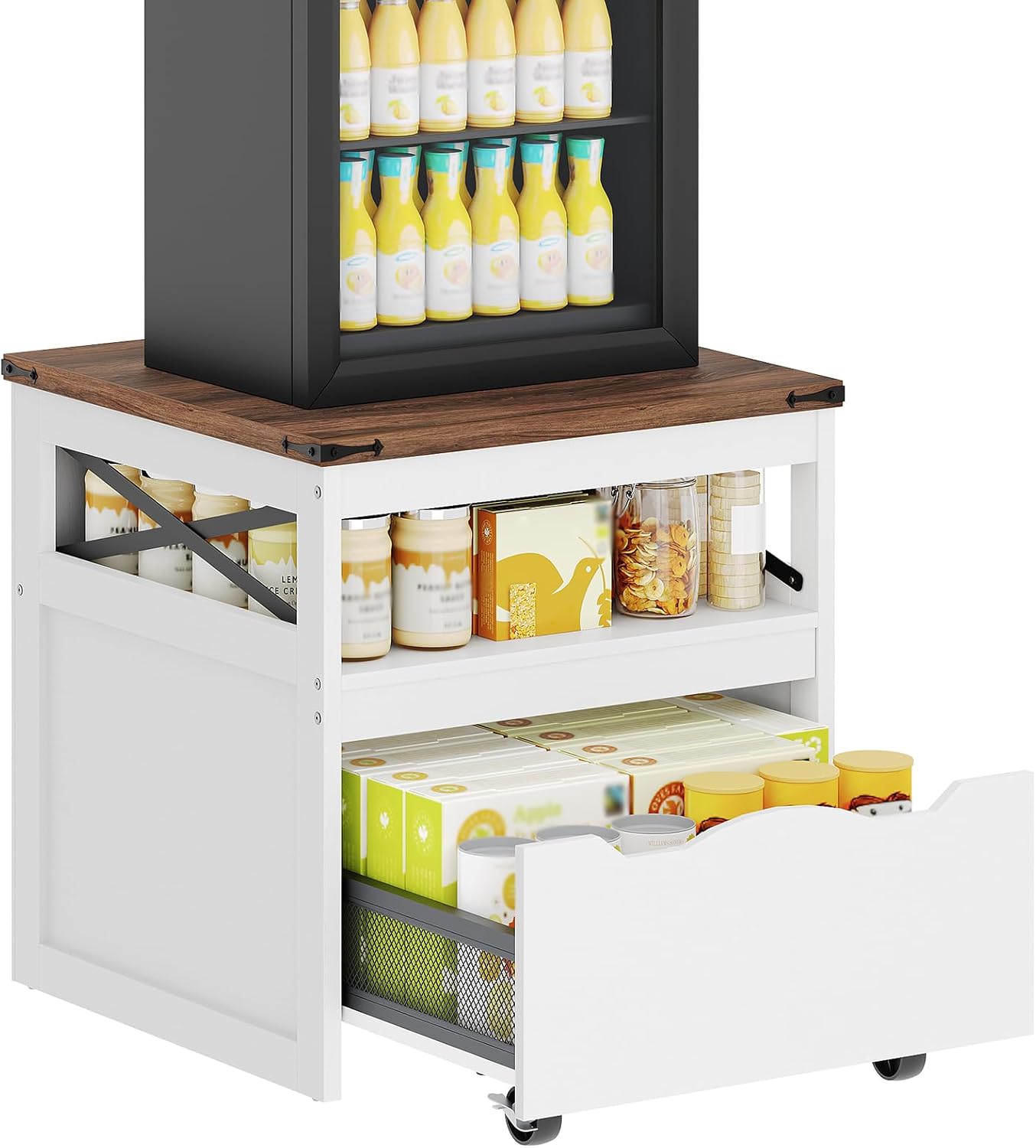 Mini Fridge Stand with Storage, Refrigerator Stand with Mobile Drawer, Mini Fridge Cabinet for Heavy Microwave Stand, Mini Fridge Cart for Dorm, Bedroom, Kitchen,White and Walnut HB50WH