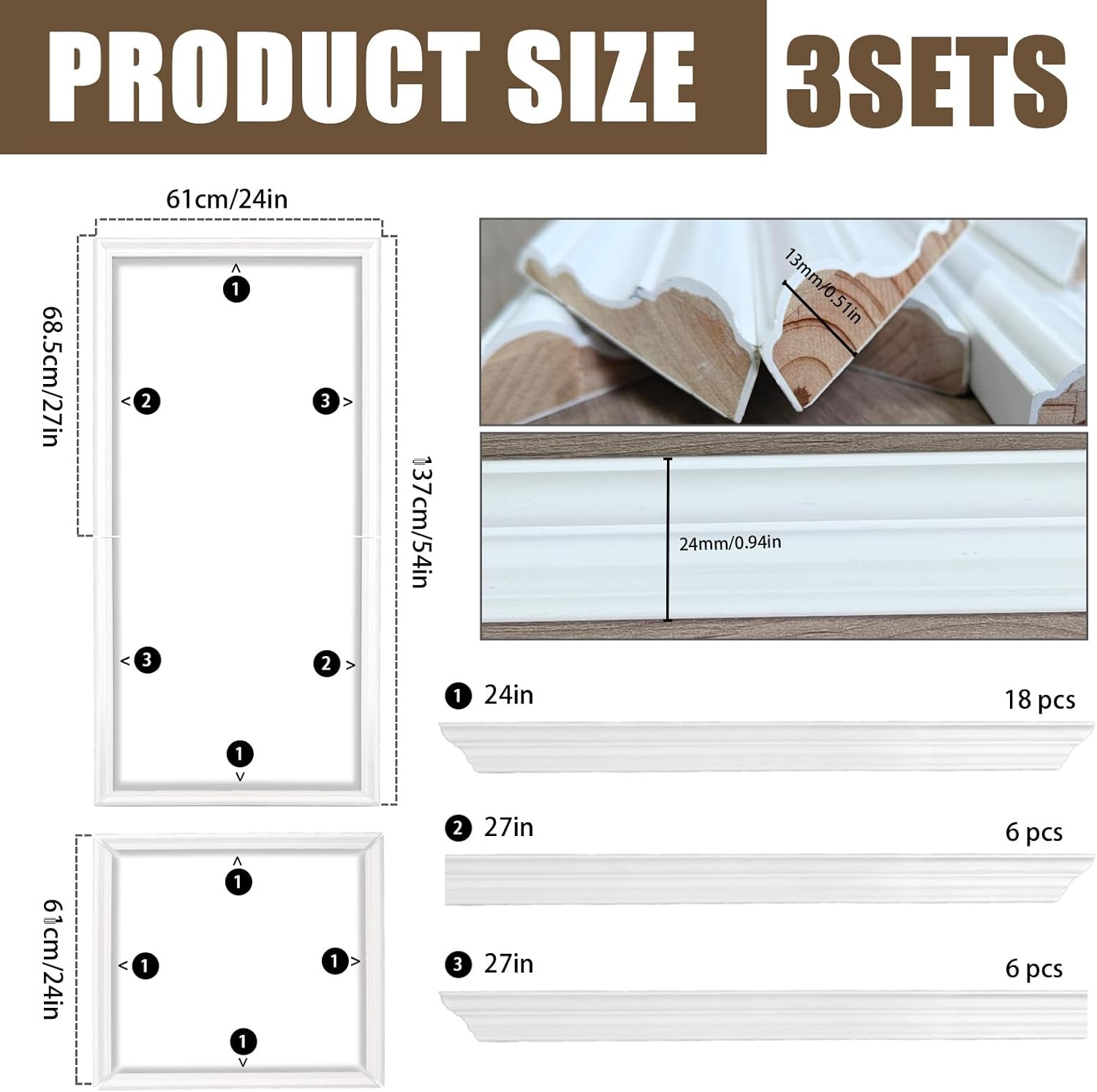3 Set Solid Wood Wainscoting Panels Kit - Quick Installation Accent Wall Molding, Ready-to-Assemble Pre Made Wainscoting Wall Panel for Home Décor (78" x 24")