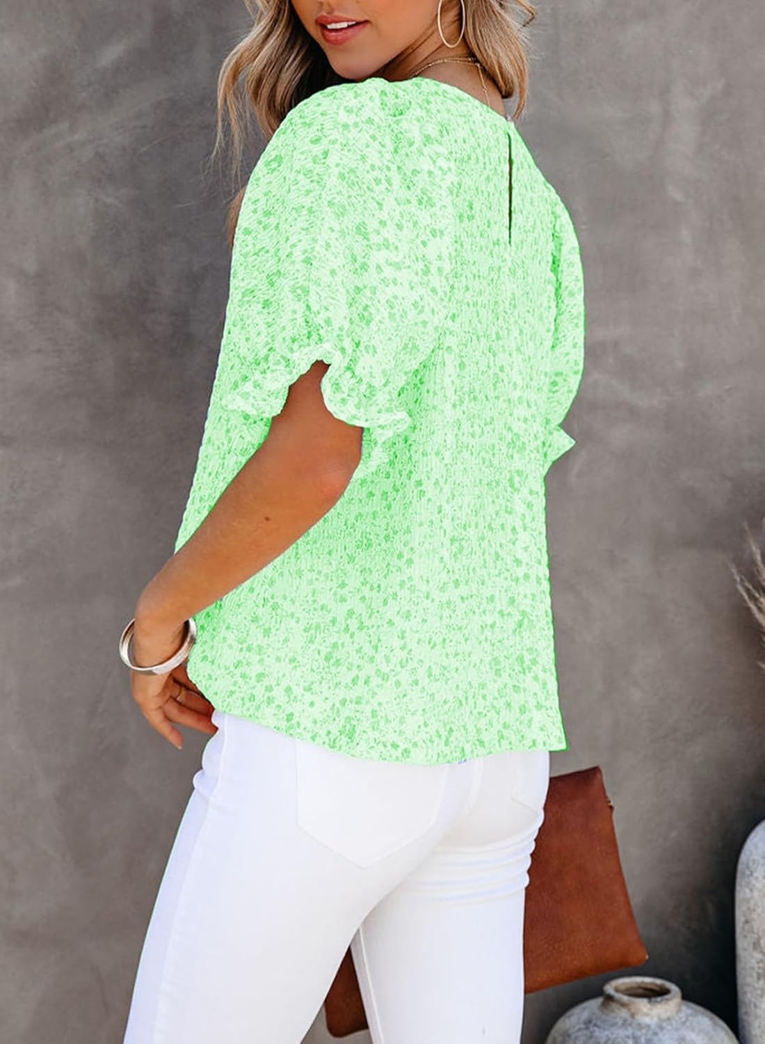 Dokotoo Floral Print Blouses for Women Crewneck Smocked Puff Sleeve Shirts Casual Babydoll Tops - Image 4