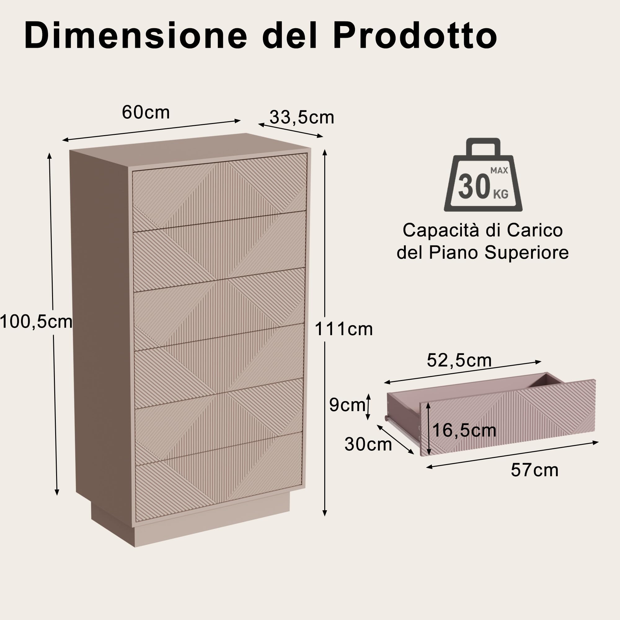 UEV Cassettiera a 6 Cassetti con Motivo a Rombi, Settiminio Spazioso per Archiviazione, Comò Stabile e Durevole per Soggiorno, Camera da letto, Corridoio, 60 x 33,5 x 111 cm, Beige Mocca | Credenza con cassetti Push to Open, armadio multiuso per soggiorno